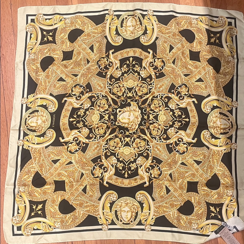 Versace Gold and Black Medusa Silk Scarf